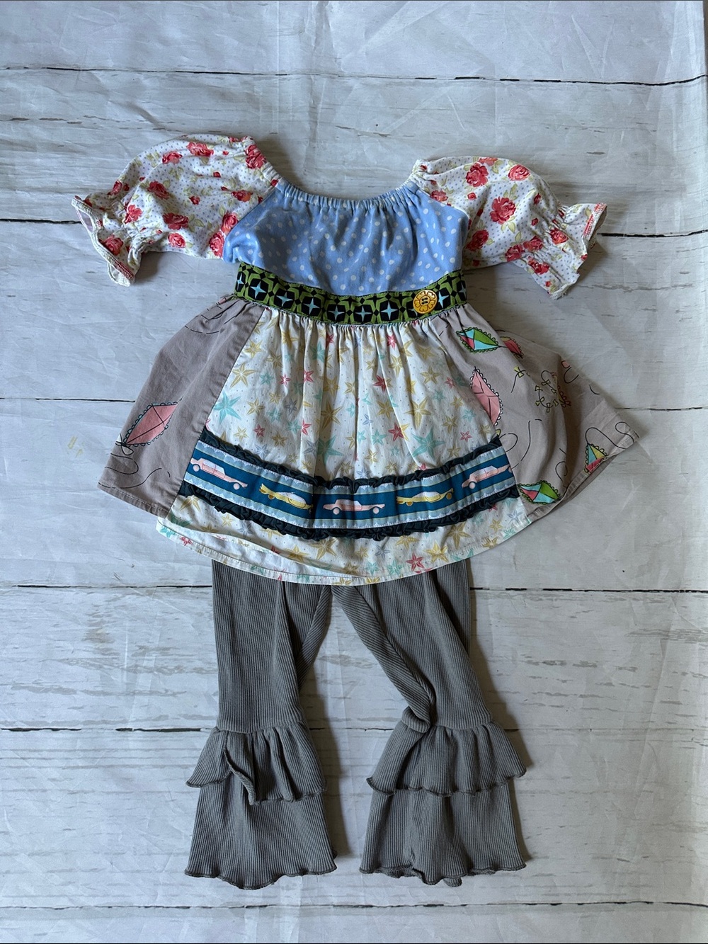Matilda Jane Girls apron top with floral sleeves with Gray Ruffle Leggings 2